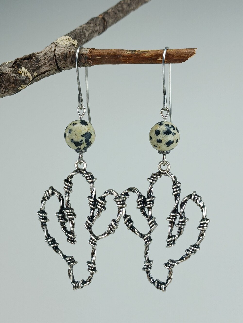 Dalmatian Jasper Cactus Earrings Antiqued Silver Hand Crafted - Picture 3 of 7